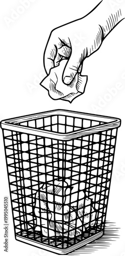 Hand discarding crumpled paper into a wire mesh trash can, black and white