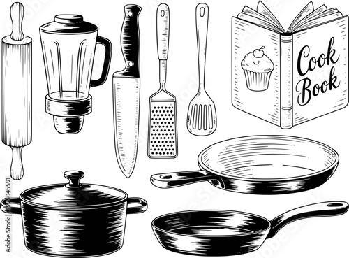 Hand-drawn collection of kitchen utensils, cookbook, and cookware in black and white style
