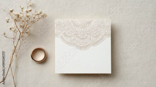 Elegant Lace Wedding Card Mockup and Gold Ring
