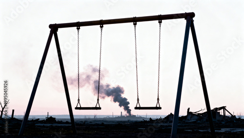 Silhouette of Empty Playground Swings Against Industrial Smoke and Devastated Post Apocalyptic Landscape