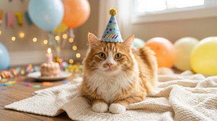 Fluffy orange and white cat wearing party hat, cute birthday pet portrait, playful celebration mood, soft lighting, realistic detail, no logos