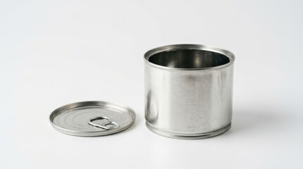 Opened silver metal can with lid resting beside it, packaging container close-up, clean product mockup, realistic metallic texture, minimal studio composition, white background, no logos