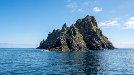 Large rugged rocky island rising out of calm blue ocean waters under a clear blue sky, dramatic coastal nature scene with clean horizon and travel appeal, realistic detail, no logos