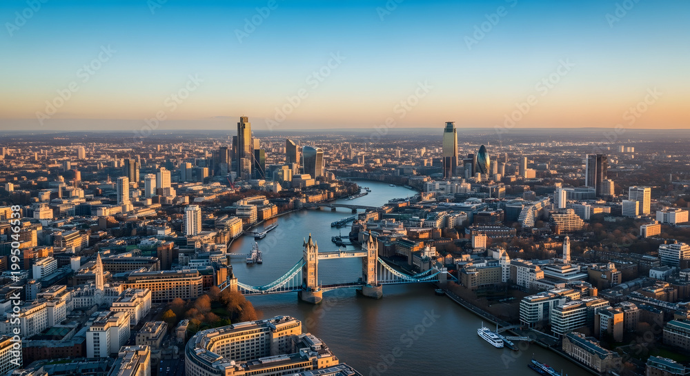Fototapeta premium Aerial panoramic view of London cityscape at sunset with River Thames, Tower Bridge, skyline, golden hour lighting