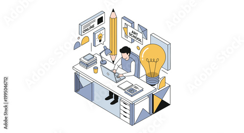 Creative Online Art School Isometric Illustration with Designer Working on Laptop, Giant Pencil and Lightbulb for Digital Education, Graphic Design, and E-Learning Concepts