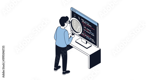 Isometric illustration of a software developer analyzing code with a magnifying glass. Concept for debugging, programming, web development, and quality assurance (QA) testing.