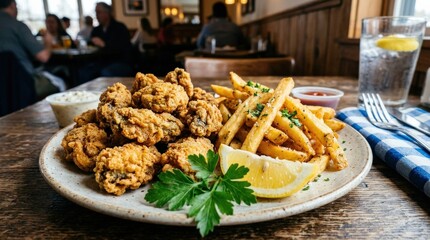 Plate of fried oysters and french fries with lemon and parsley, crispy seafood meal with casual restaurant presentation and fresh garnish, appetizing realistic detail, no logos