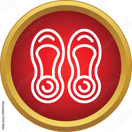 White outline of two shoe soles on a simple round red button with gold border