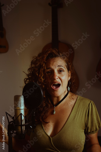 Woman singing and recording vocals in home studio