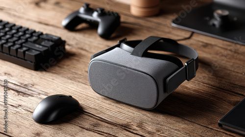Realistic VR Headset Mockup with Gaming Keyboard