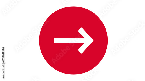 White right arrow symbol inside a red circle on a white background with direction continue navigation interface movement minimalist contrast chromatic isolated background communication