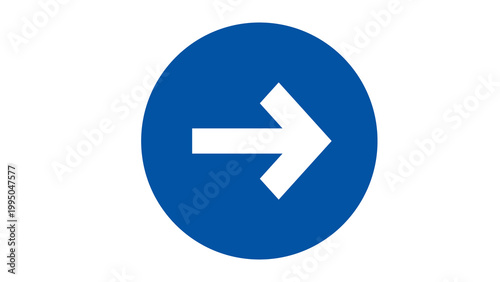 White right arrow symbol inside a blue circle on a white background with direction continue navigation interface movement minimalist contrast chromatic isolated background communication