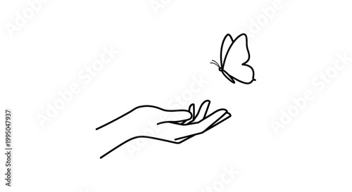 A delicate hand offering to a butterfly minimalist line art silhouette on transparent background