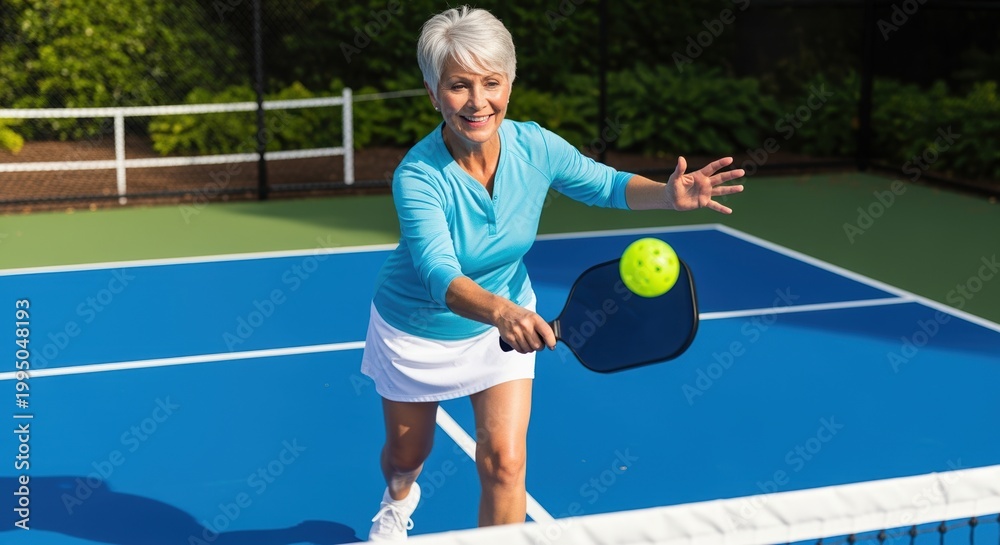 Obraz premium senior woman playing pickleball outdoors on a sunny day, embracing active lifestyle