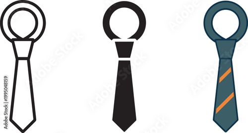 Necktie icons with design versions including outline, solid black silhouette, and striped flat vector