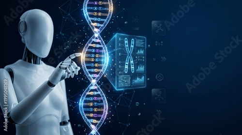 Robot touching glowing DNA double helix with chromosome hologram interface in dark blue studio 3d render