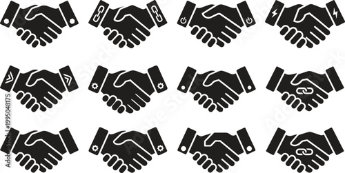 shaking hands icons with various symbols on cuffs