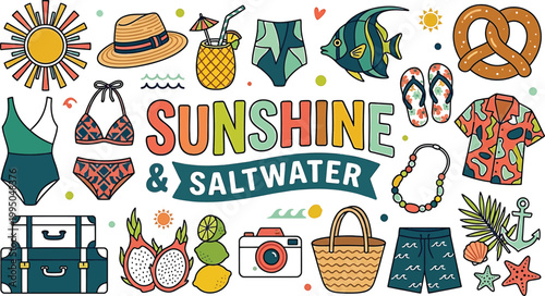 Sunshine and saltwater beach vacation icons and symbols