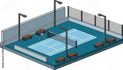 Tennis court with benches and floodlights  outdoor sports facility