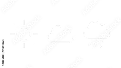 Three weather icons depicting sun, cloud, and rain in a simple white outline style.