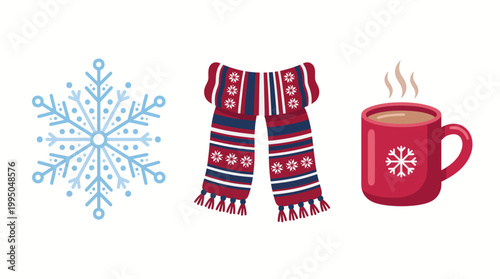 A snowflake, a knitted scarf, and a steaming mug of hot chocolate are displayed against a white background.