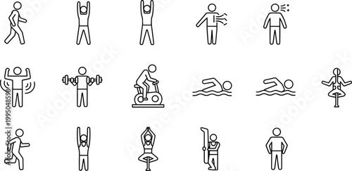 Fitness and exercise line icons set with workout sports and healthy lifestyle activities vector illustration