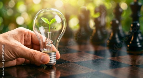 Environmental Innovation Concept with Green Sprout Growing Inside Lightbulb Held by Hand in Nature