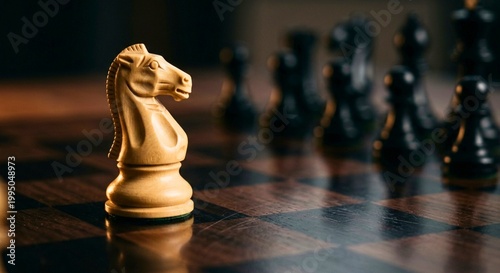 Chess Knight on Dark Board Representing Strategic Leadership and Business Tactics