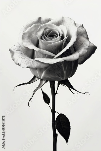 X-Ray Rose Flower Illustration Black Lines Minimalist Sketch Botanical Drawing White Background