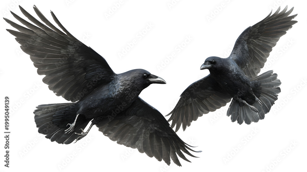 Fototapeta premium Ultra realistic HD two ravens flying wings spread detail, isolated on white background