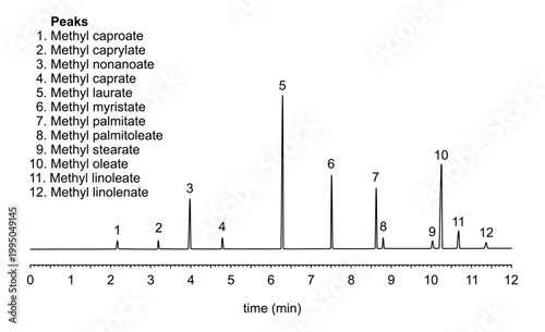 Chromatogram of saw palmetto, methyl caproate, methyl caprylate, methyl nonanoate