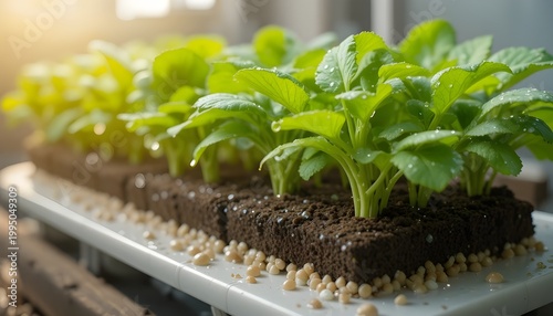Young green seedlings growing in cultivation trays under controlled indoor conditions, showcasing sustainable agriculture, hydroponic farming, healthy plant development, and modern food production tec