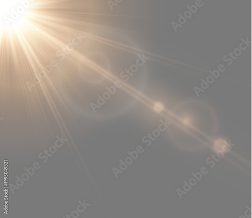 Realistic golden sun flare with bright rays and lens reflections 