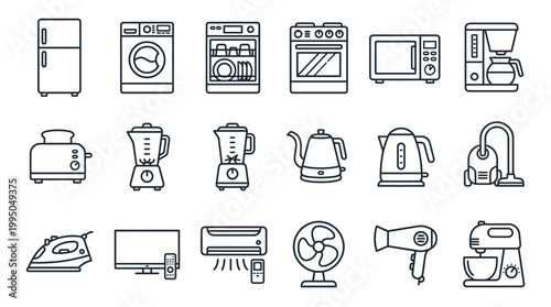 A collection of line art icons representing various household appliances and electronic devices.
