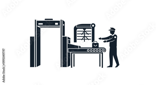 Security checkpoint illustration showing an officer and baggage scanner