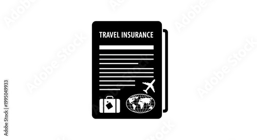 Black travel insurance document with airplane and globe icons displayed