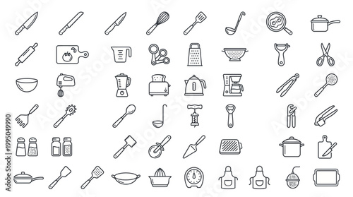 A comprehensive collection of line art icons representing various kitchen utensils and cooking tools, perfect for culinary-themed designs.