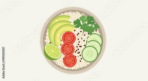 Healthy Quinoa Bowl with Avocado, Tomato, Cucumber, Lime, and Cilantro