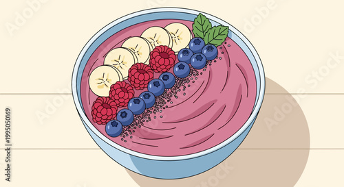 Healthy Smoothie Bowl with Berries, Banana, and Mint - Vibrant Food Illustration