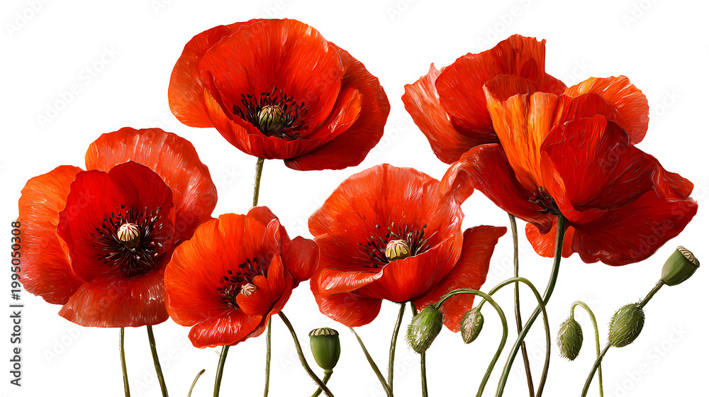 Naklejka premium Ultra realistic HD poppies red petals green stems vivid light, isolated on white background