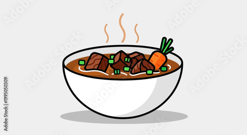 Hearty Beef Stew in Bowl with Carrot and Green Onions, Steaming Hot