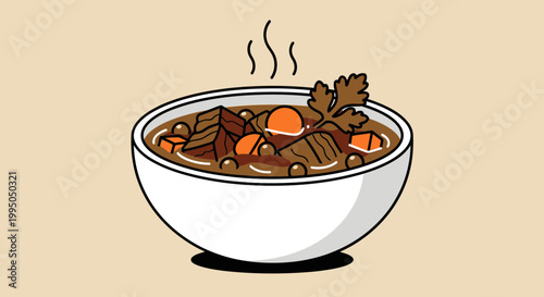 Hearty Beef Stew in Bowl with Carrots and Parsley, Steaming Hot