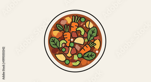 Hearty Vegetable Beef Stew in Bowl, Top View, Healthy Food Illustration