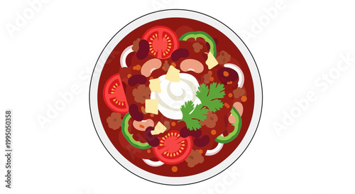 Hearty Chili Bowl with Toppings, Overhead View