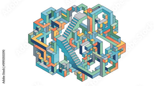 An intricate, colorful, isometric illustration of a complex, abstract geometric structure with a central staircase.