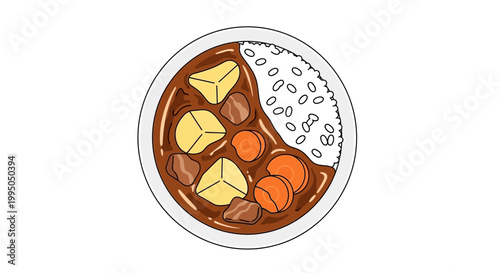 Japanese Curry Rice with Beef, Potatoes, and Carrots - Top View Illustration