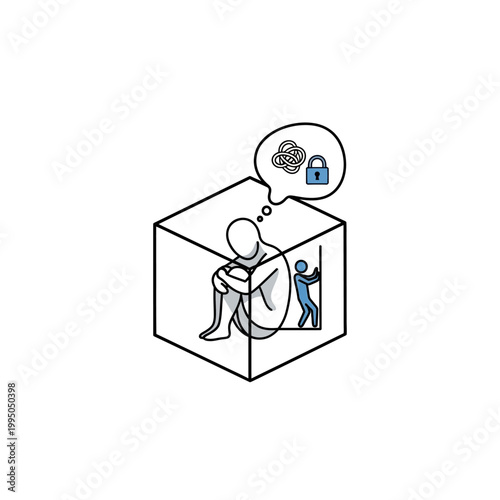 Person trapped in a cube thinking.