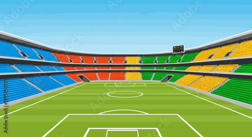 Vibrant illustration of a colorful empty soccer stadium with a green field