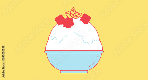 Minimalist Dessert Illustration: Shaved Ice Bowl with Fruit and Leaf