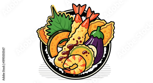 Japanese Tempura Bento Box Illustration: Shrimp, Vegetables, Rice